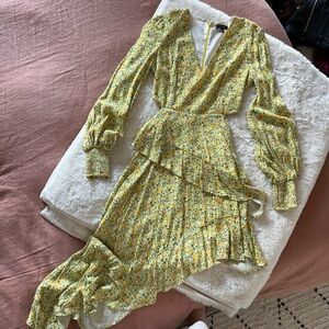 AFRM Yellow Green Ruffled Tiered Gown with Bishop Sleeves